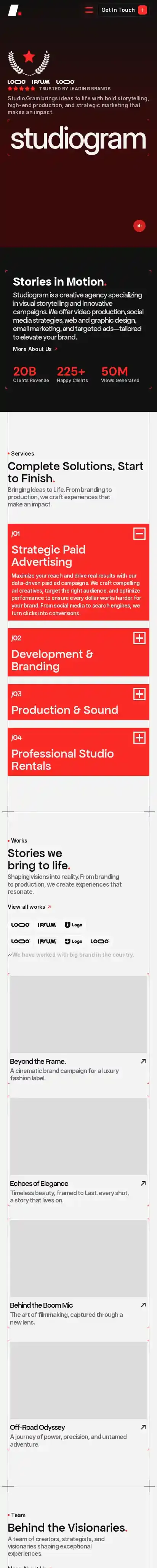 Studiogram home page on mobile