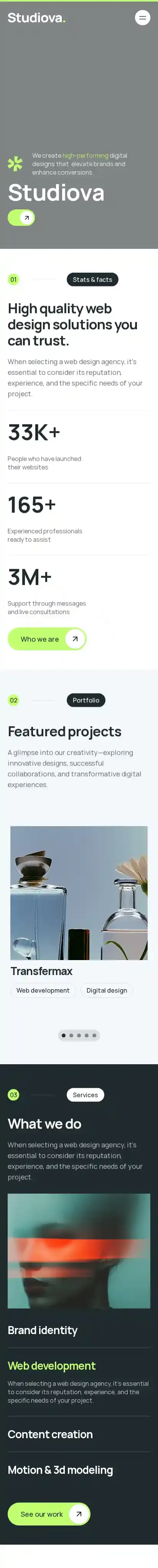 Studiova home page on mobile