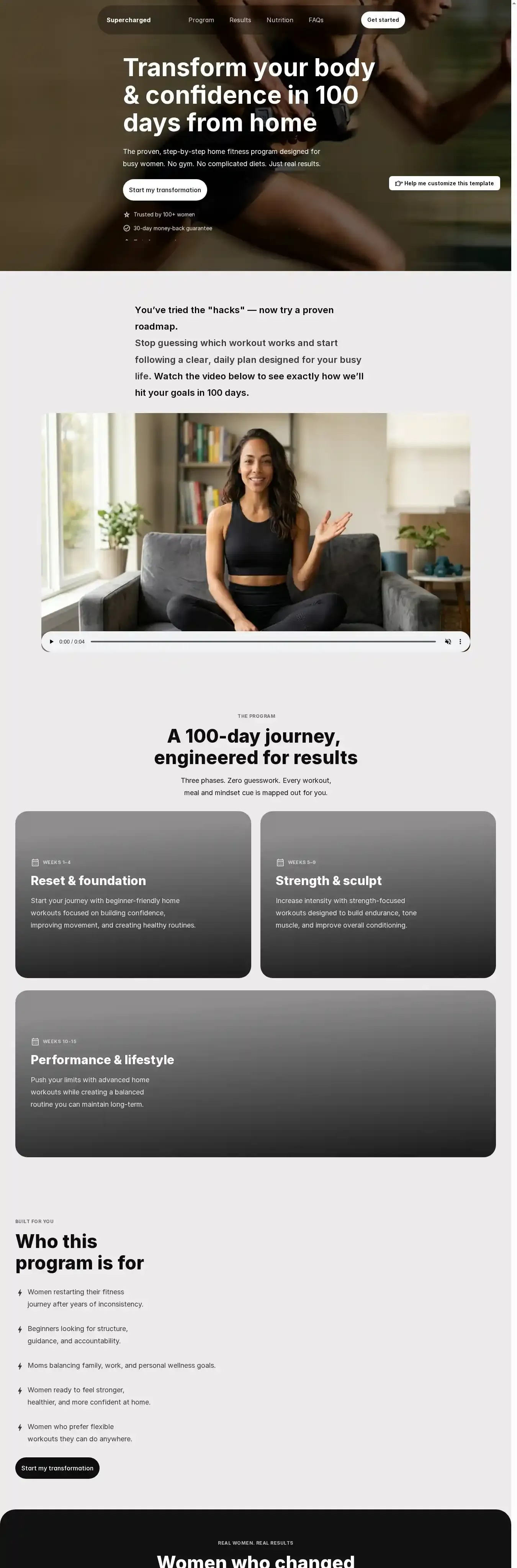 Supercharged fitness home page on desktop