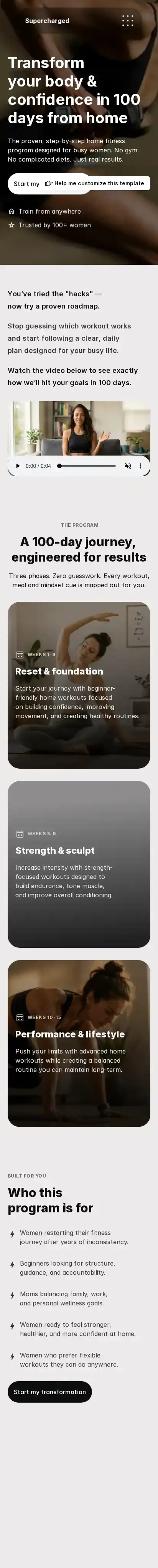 Supercharged fitness home page on mobile