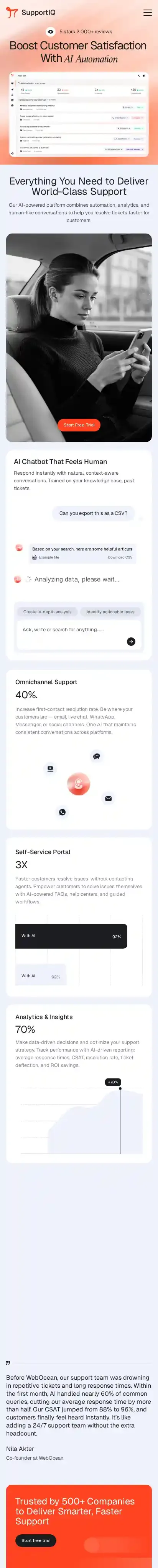 SupportIQ home page on mobile
