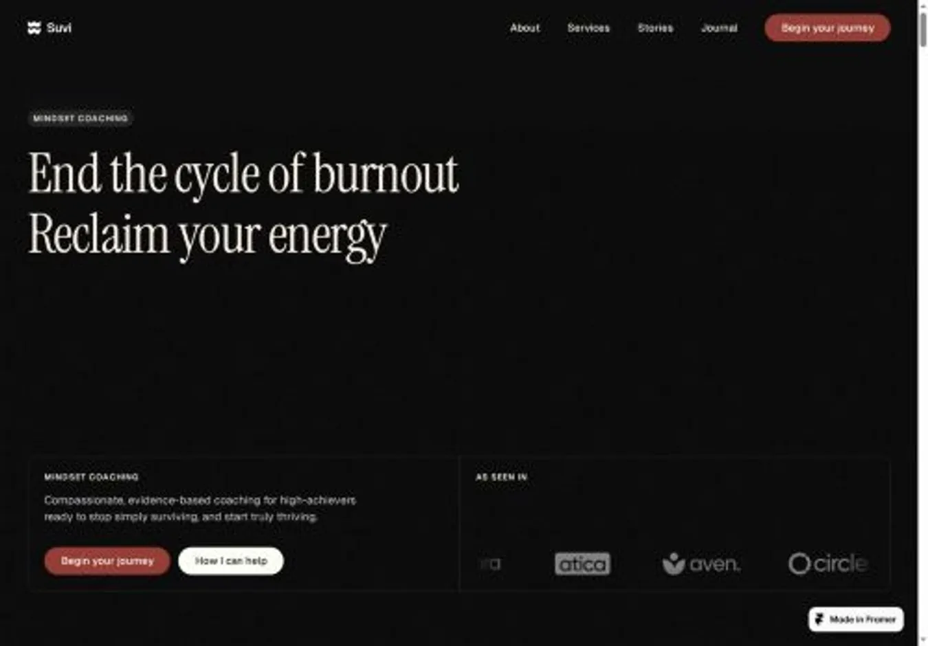 Suvi home page on desktop