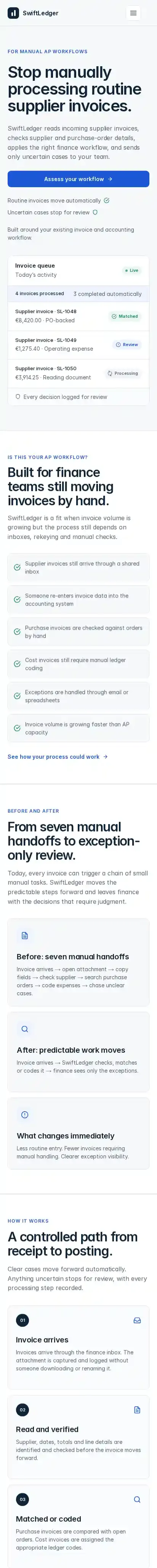 SwiftLedger Finance home page on mobile