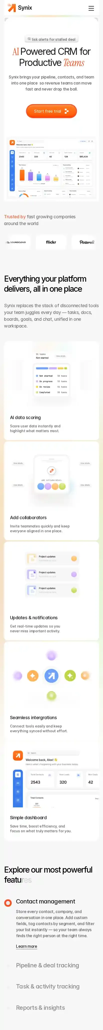 Synix home page on mobile
