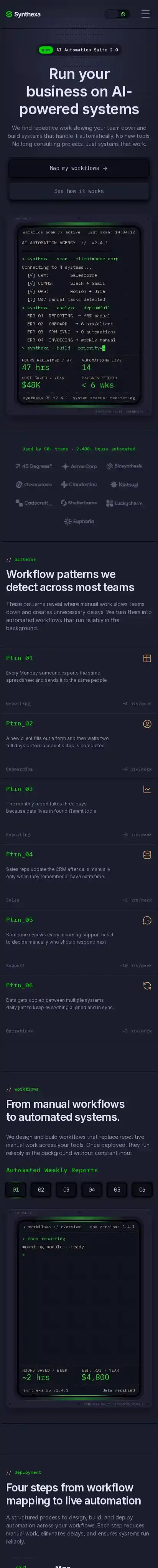 Synthexa home page on mobile