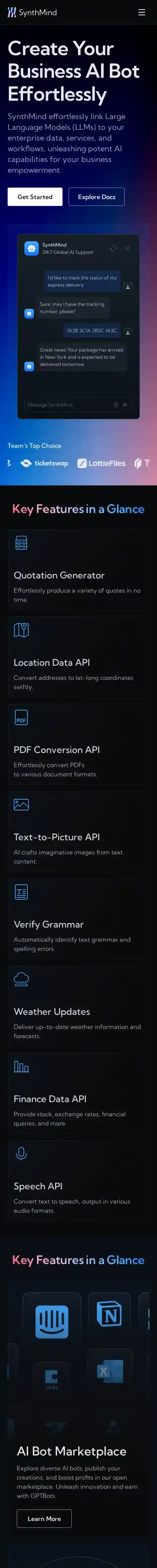 SynthMind home page on mobile