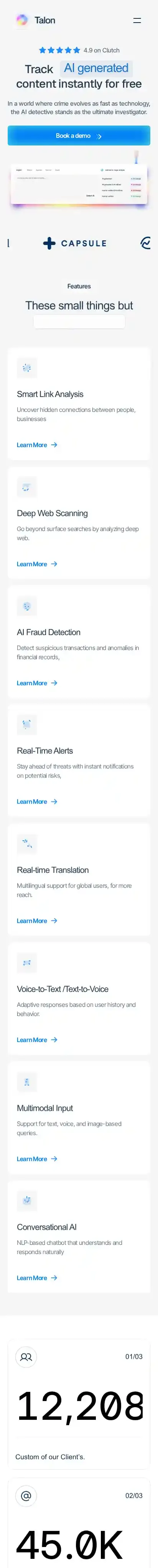 Talon home page on mobile