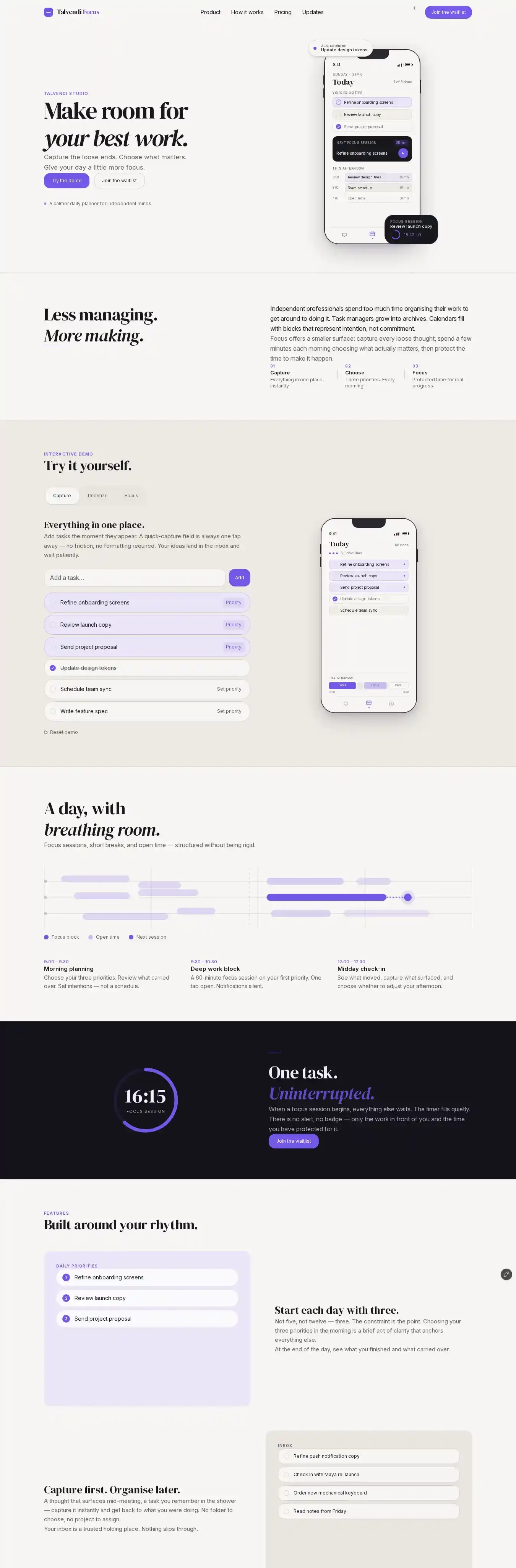Talvendi Focus home page on desktop