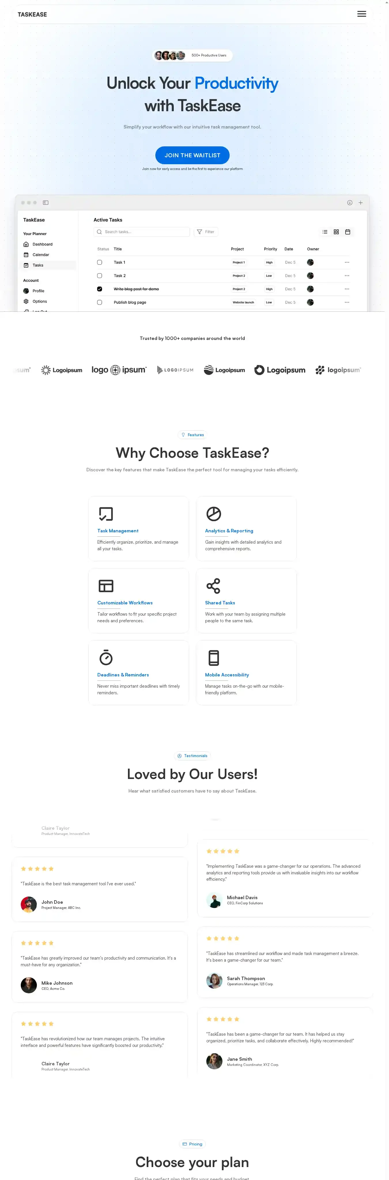 TaskEase home page on desktop