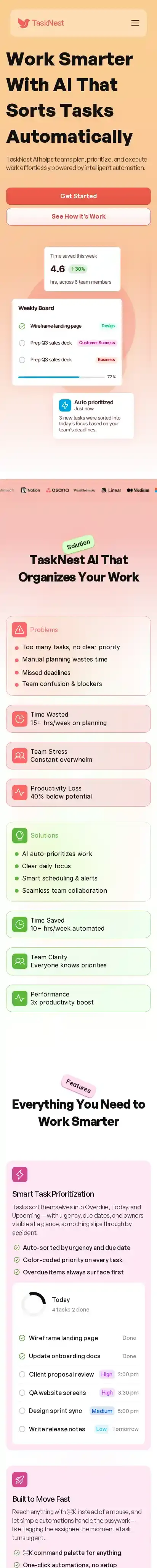 TaskNest home page on mobile