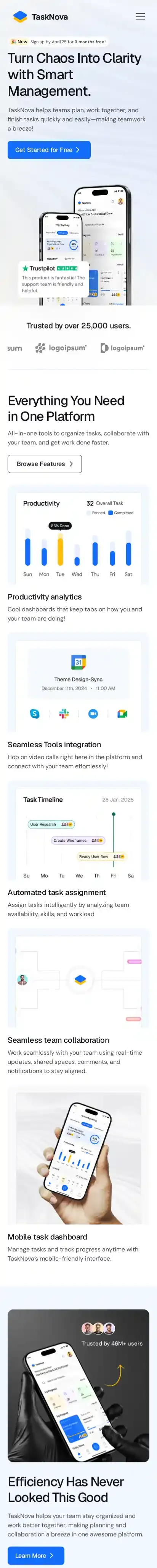 TaskNova home page on mobile
