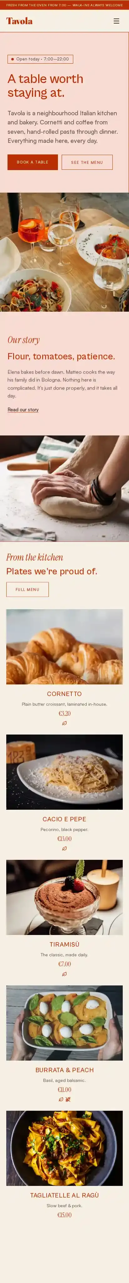 Tavola home page on mobile