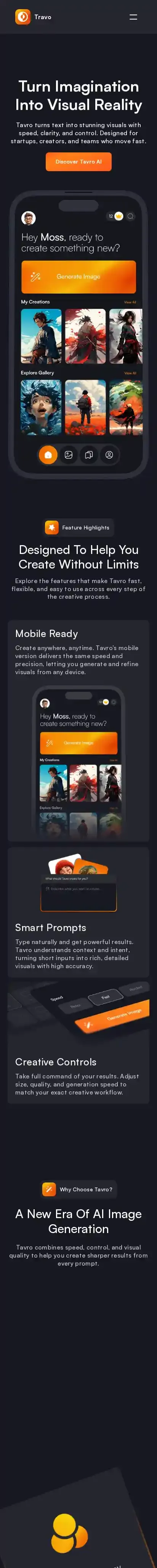 Tavro home page on mobile
