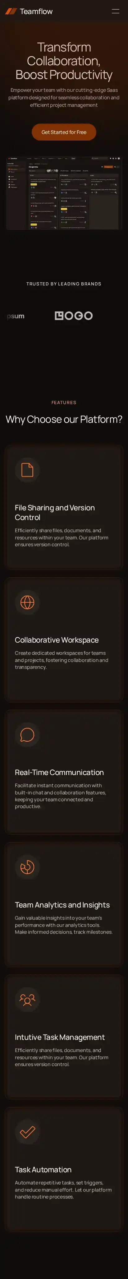 Teamflow home page on mobile