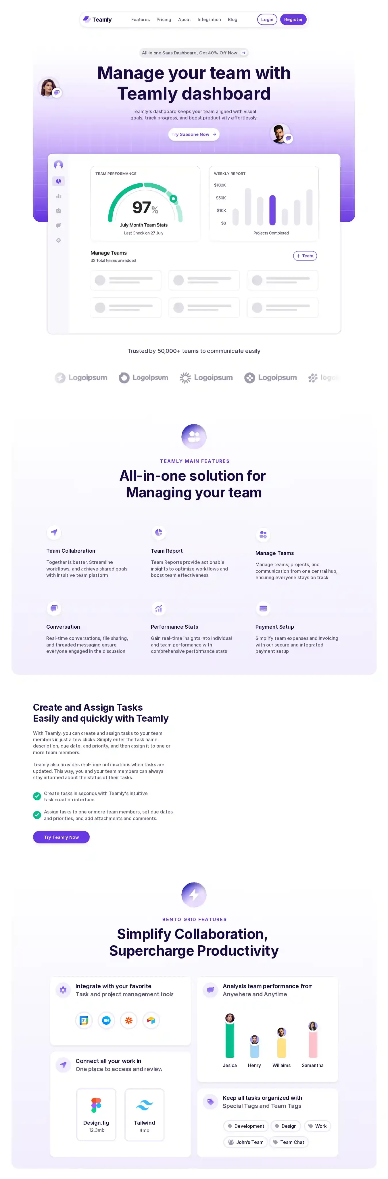 Teamly home page on desktop