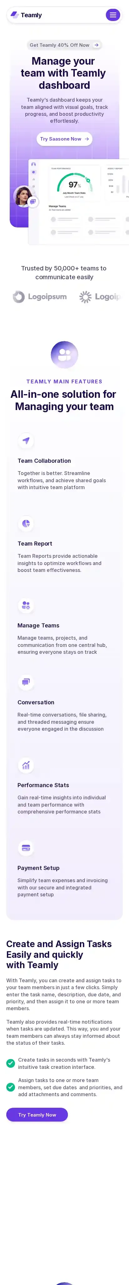 Teamly home page on mobile