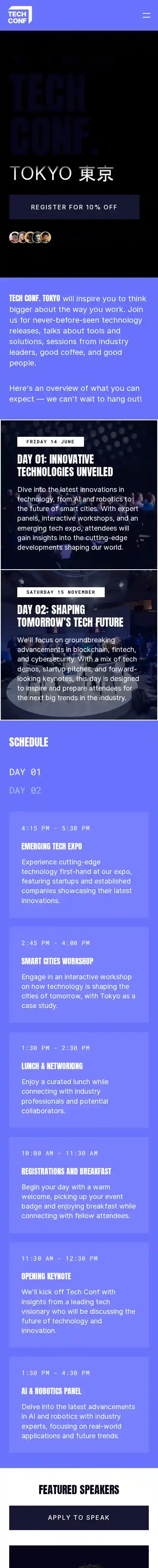 Tech Conf. home page on mobile