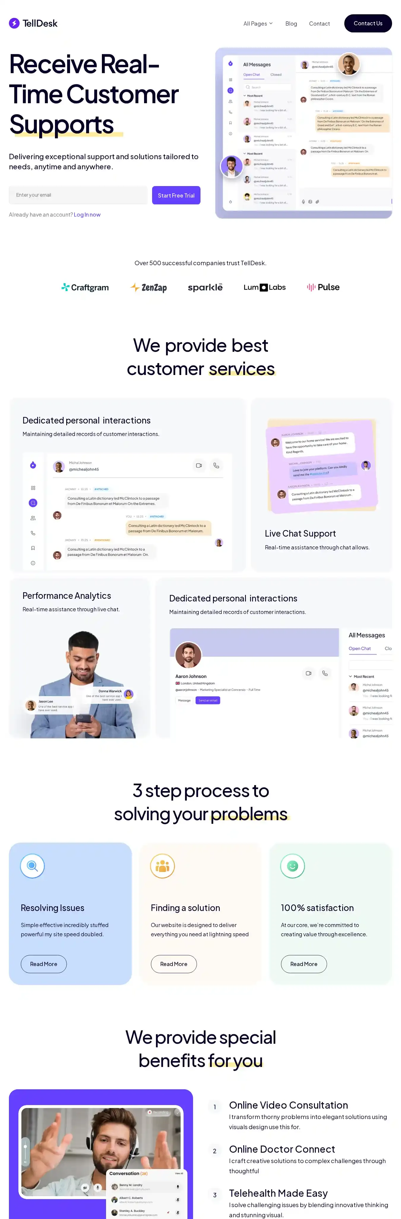 TellDesk home page on desktop