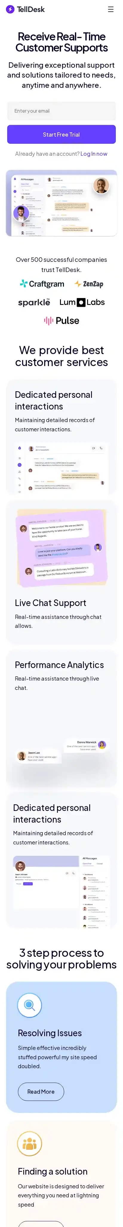 TellDesk home page on mobile