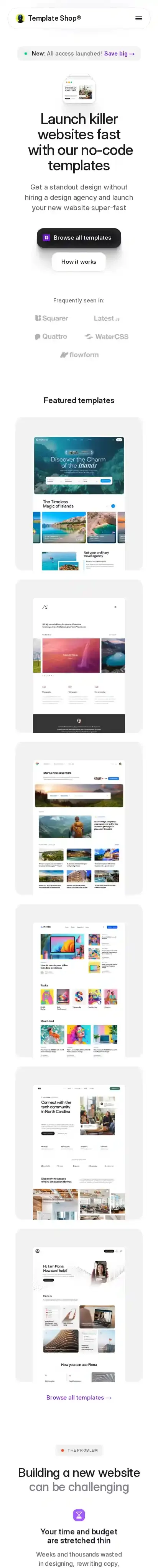 TemplateShop home page on mobile