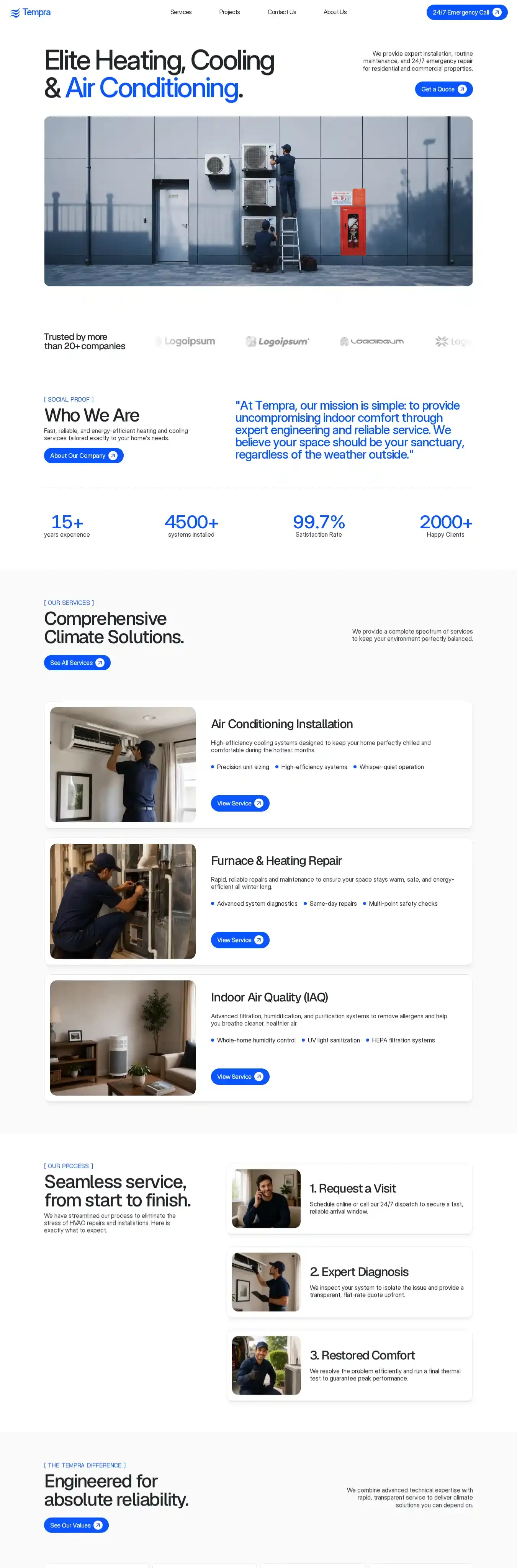 Tempra home page on desktop