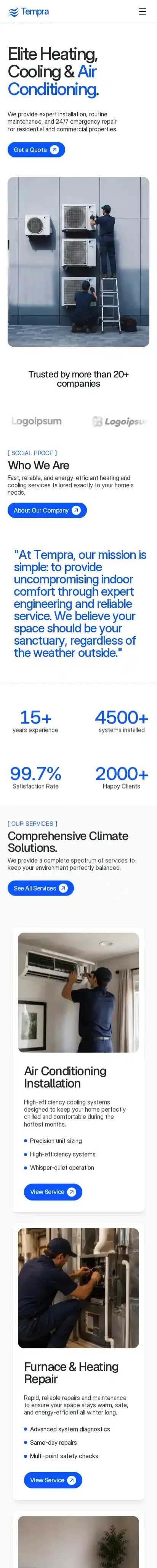 Tempra home page on mobile