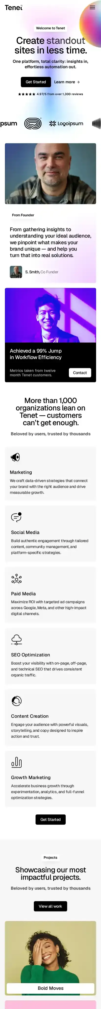 Tenet X home page on mobile