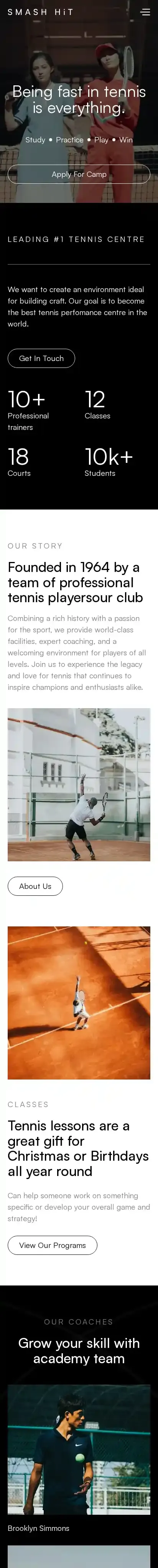 Tennis Court home page on mobile