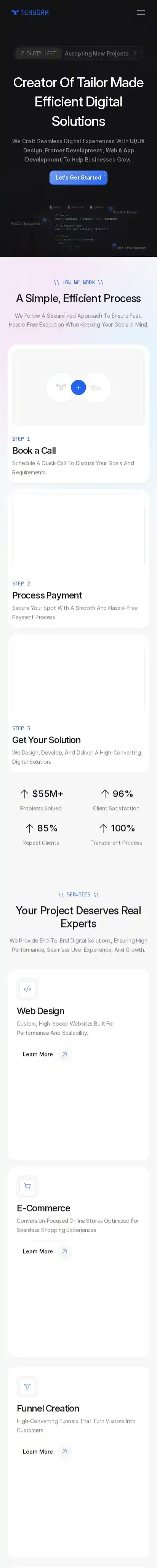 Texsora home page on mobile