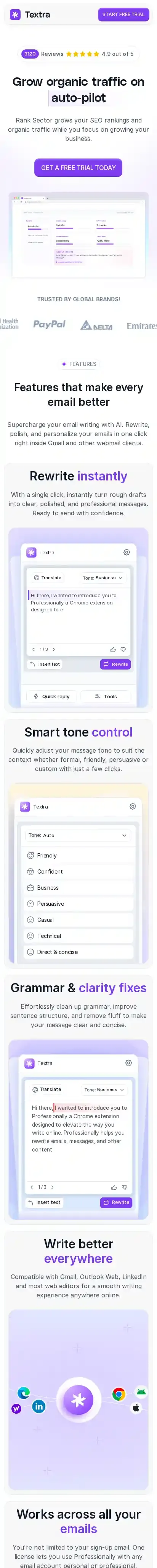 Textra home page on mobile