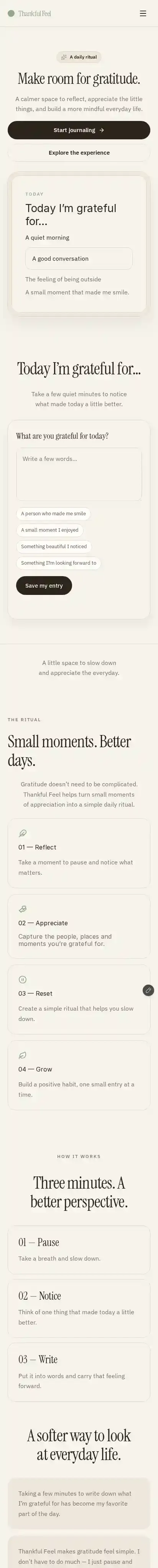 Thankful Feel home page on mobile