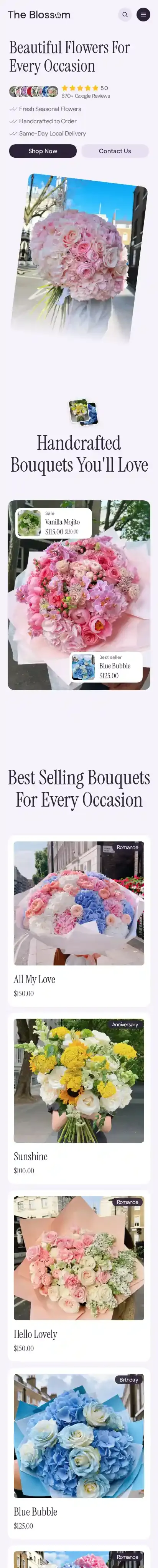 The Blossom home page on mobile