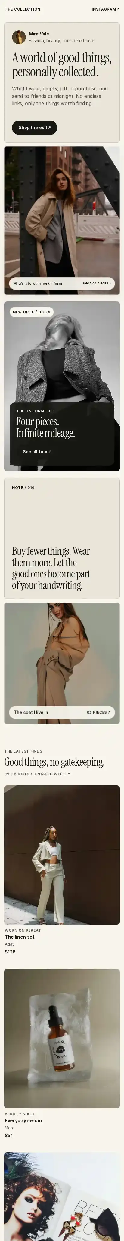 The Collectionn home page on mobile