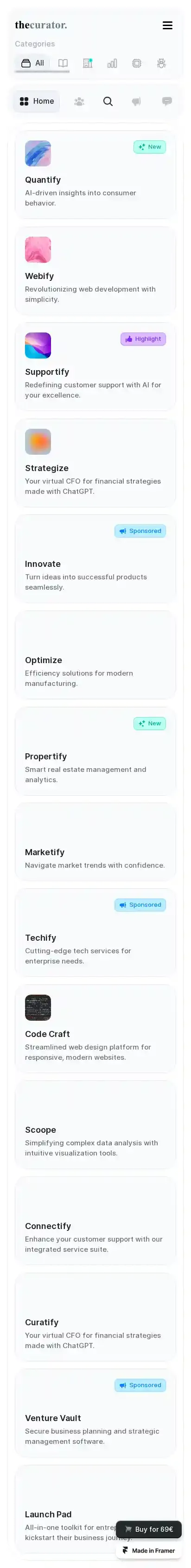 TheCurator home page on mobile