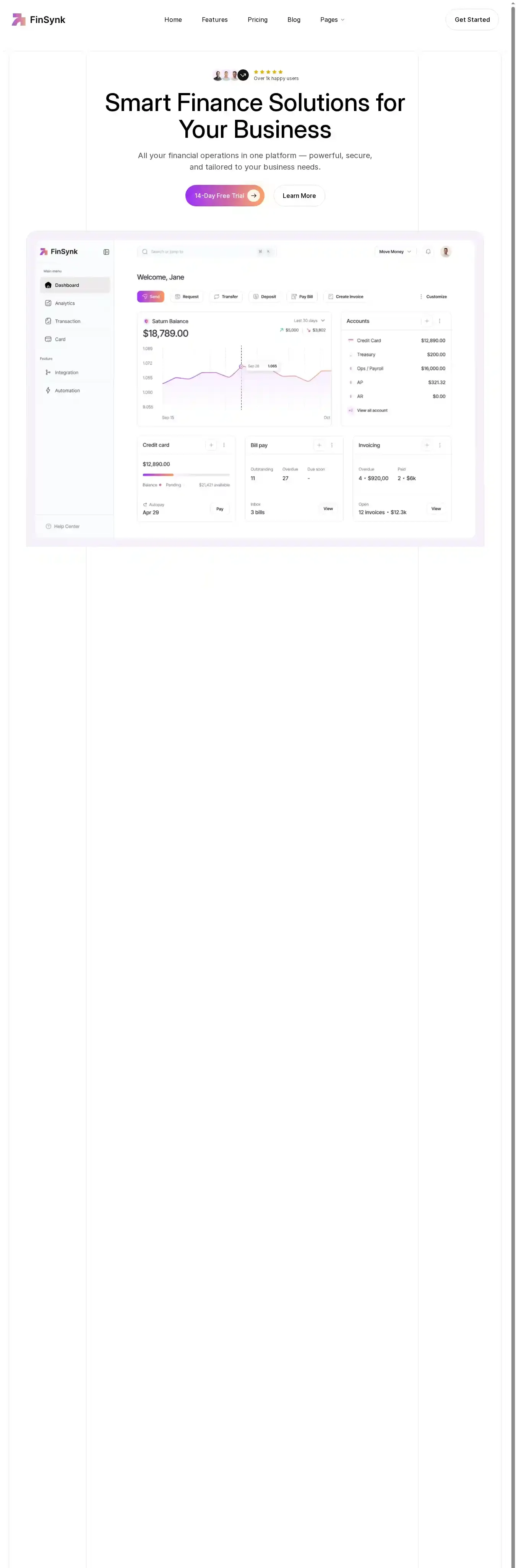 The FinSynk home page on desktop