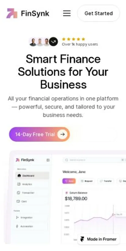 The FinSynk home page on mobile