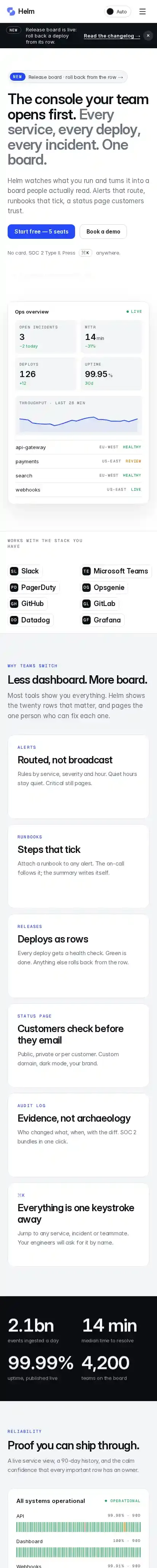 The Helm home page on mobile