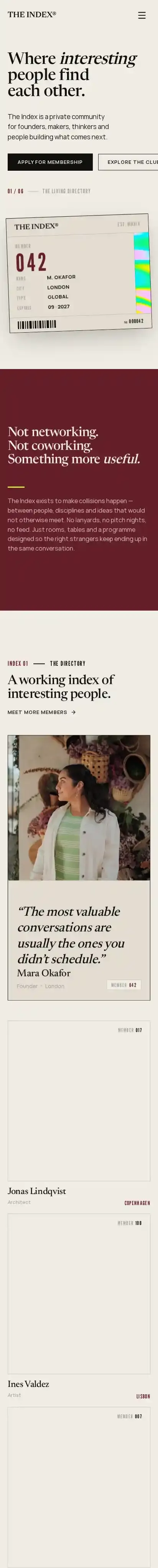 The Index home page on mobile