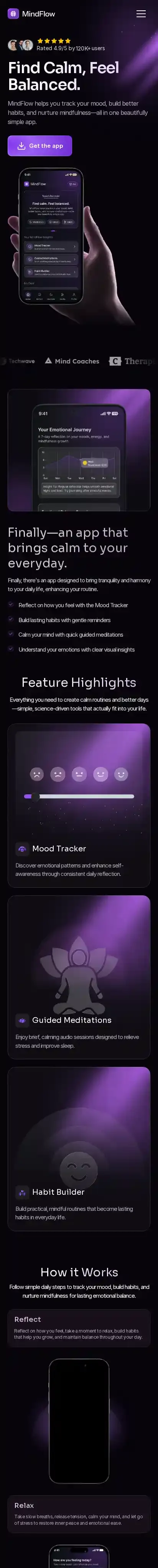 The MindFlow App home page on mobile