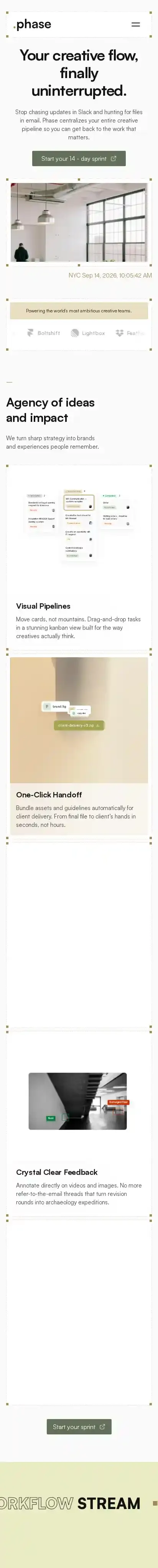 The Phase home page on mobile