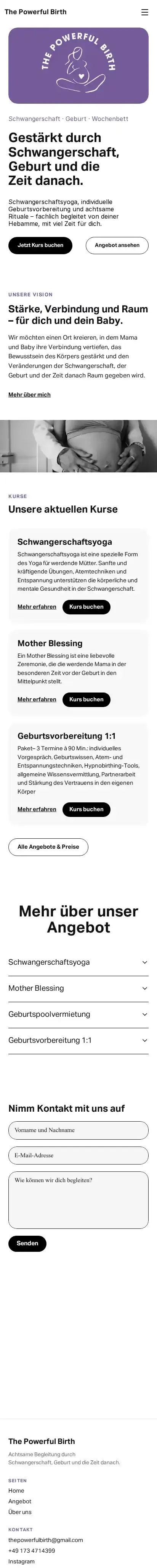 The Powerful Birth home page on mobile
