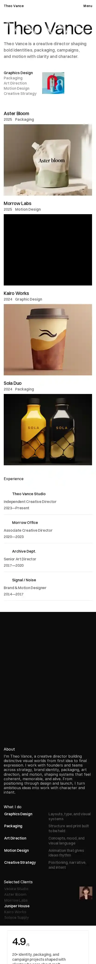 Theo Vance home page on mobile