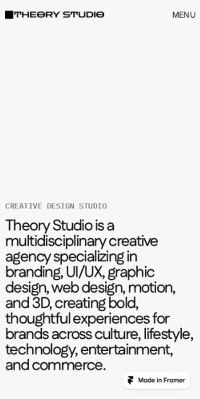 Theory studio home page on mobile