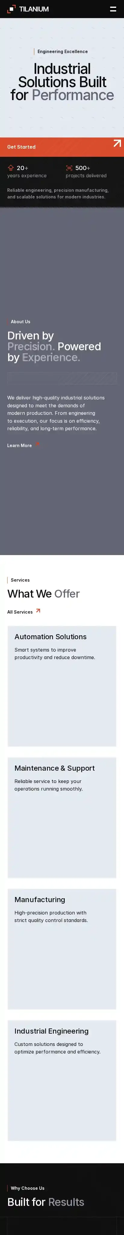 Tilanium home page on mobile