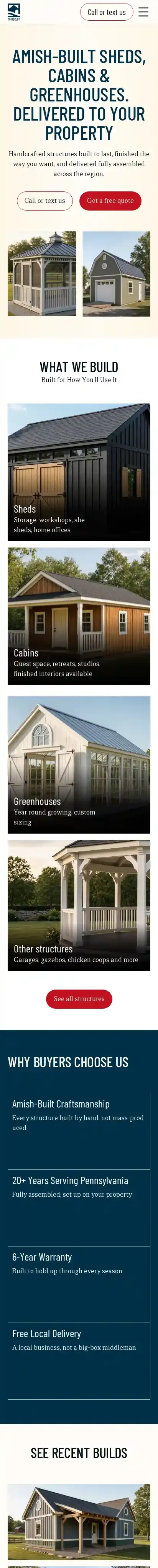 Timberlot home page on mobile