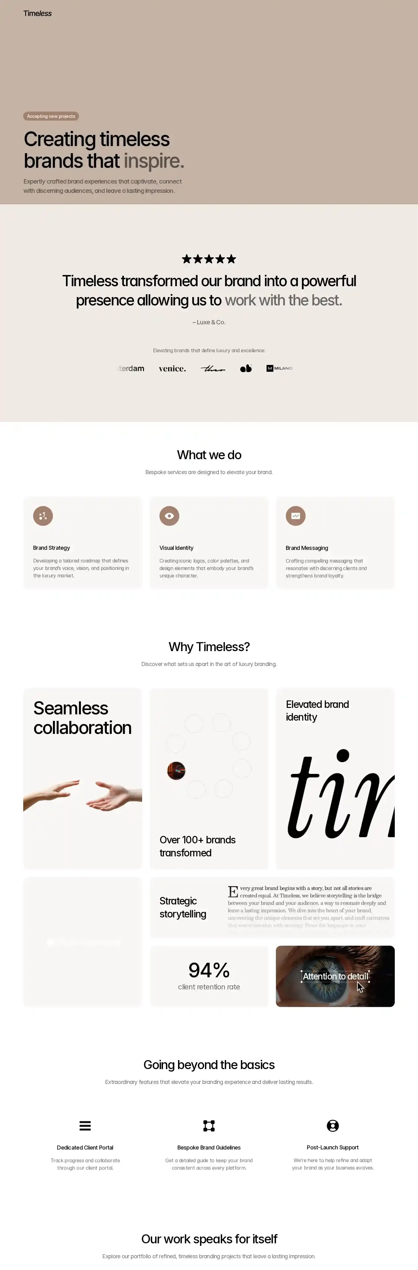 Timeless home page on desktop