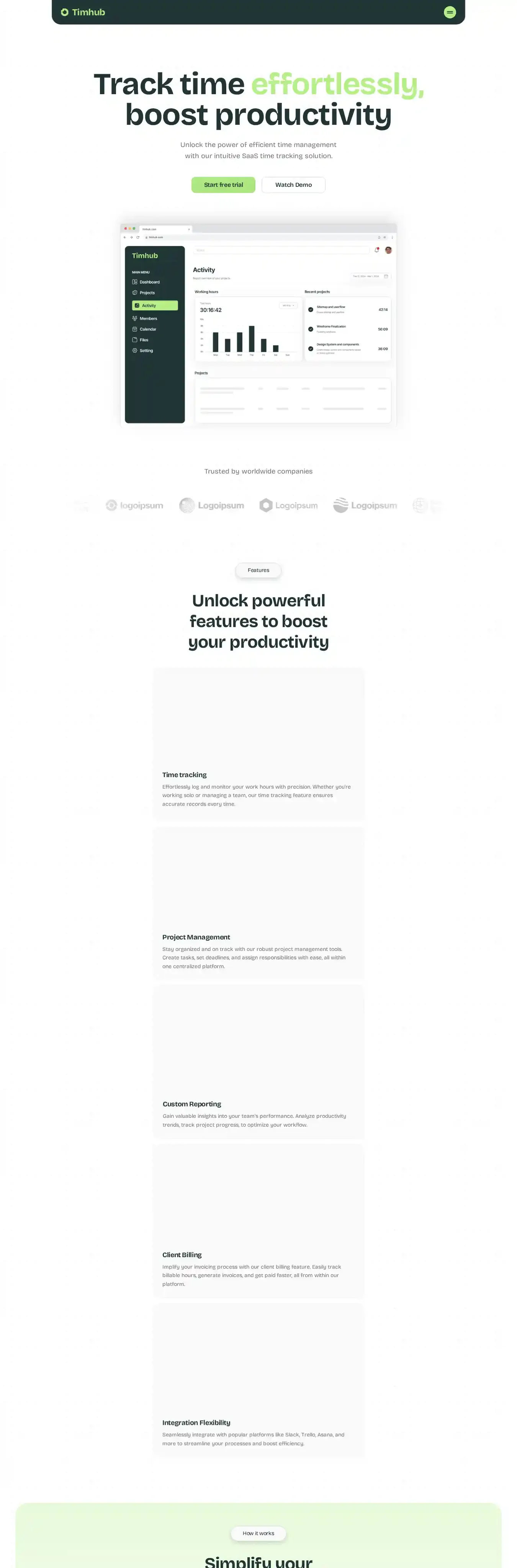 Timhub home page on desktop
