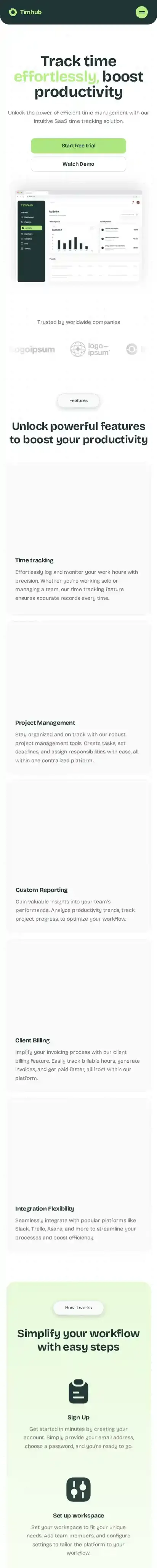 Timhub home page on mobile