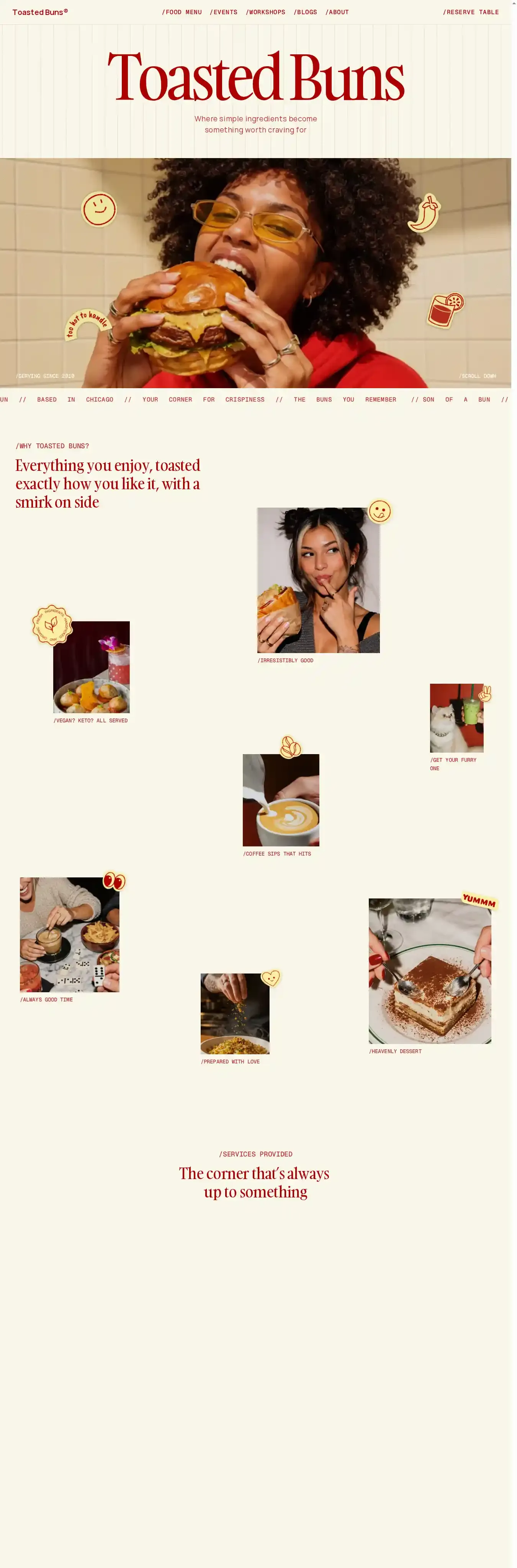 Toasted Buns home page on desktop
