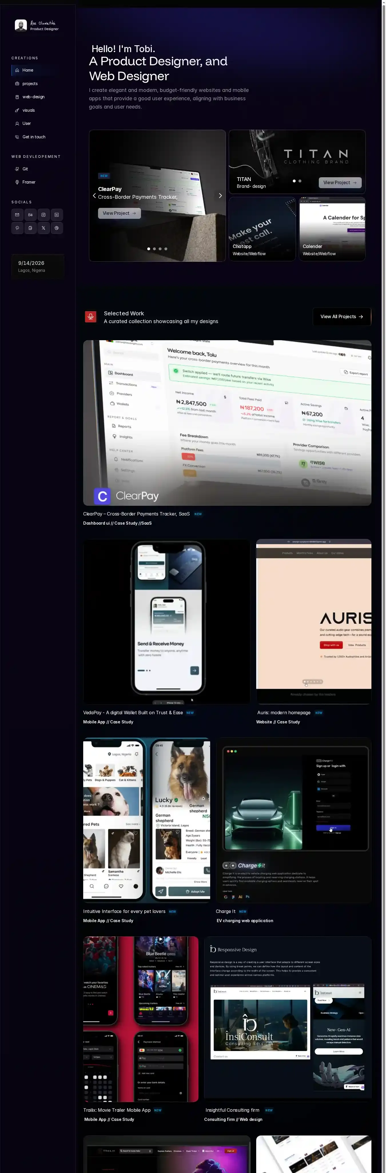 Tobs Design home page on desktop